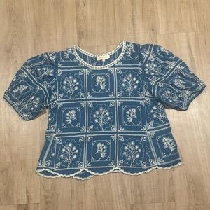 Solitaire Blue Floral Panel Embroidered Cottage Core Boho Blouse